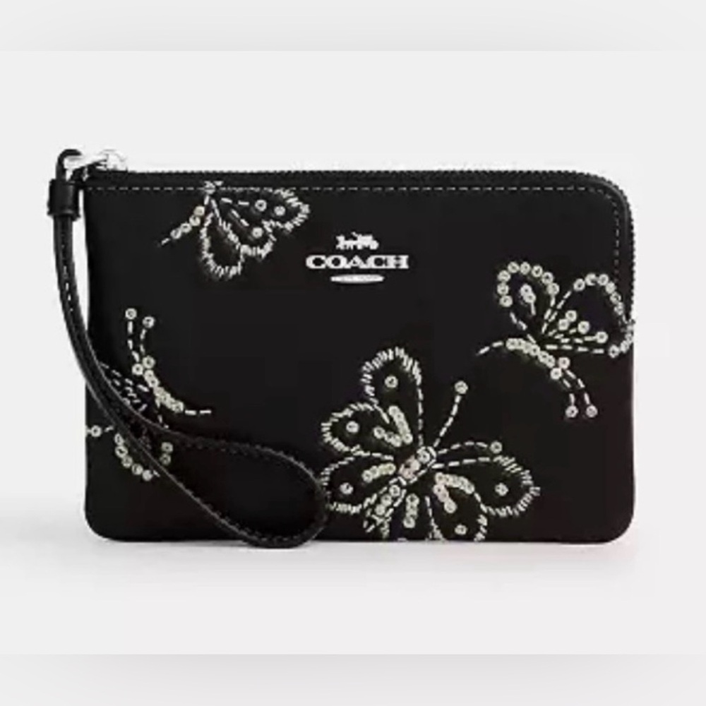 NWT Coach Butterfly Black Sequin Leather Wristlet